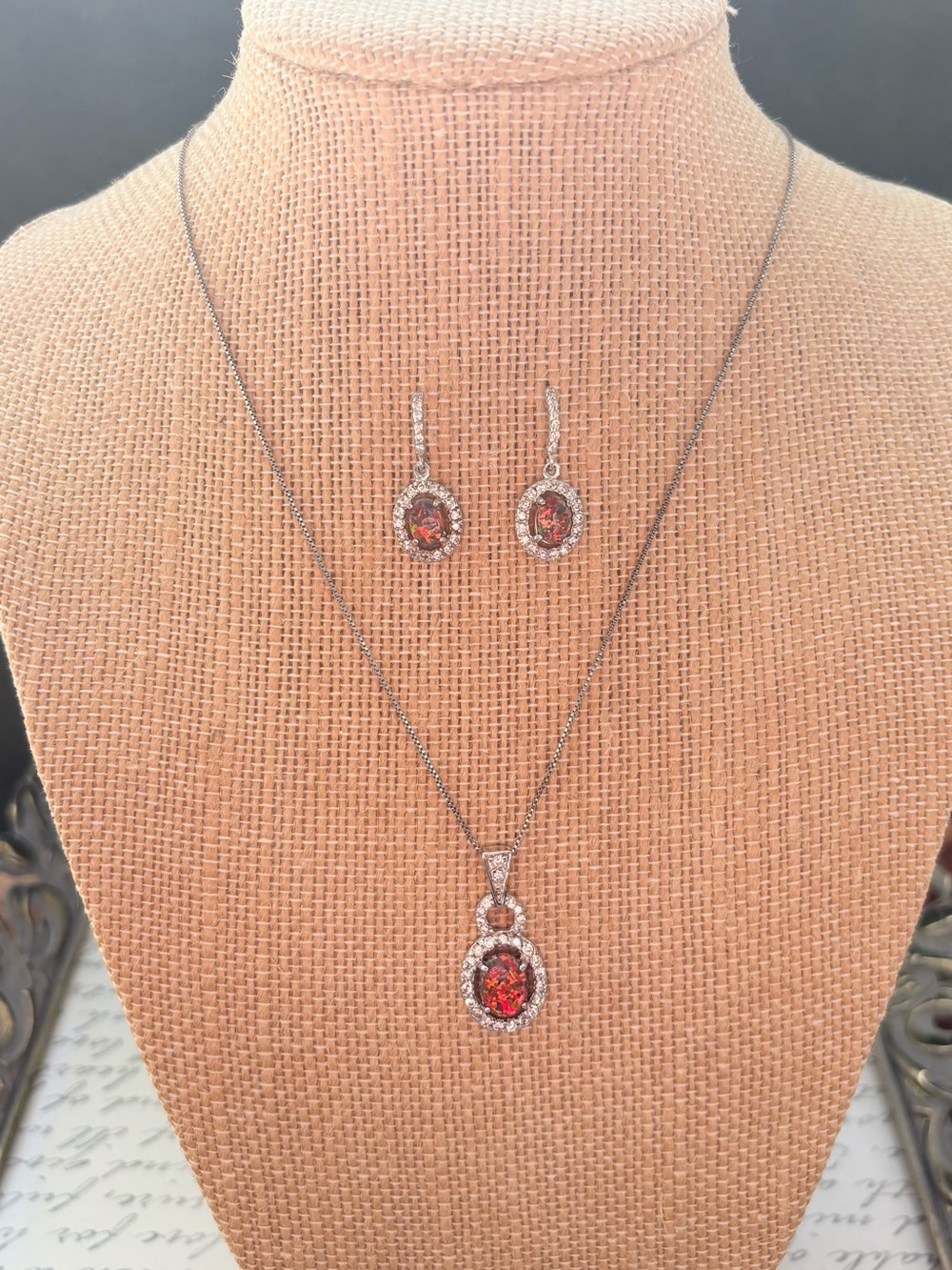 Sterling Silver Fire Opal Halo Pendant Necklace and Earrings Set